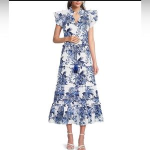 Gibson & Latimer Toile Floral Print Ruffle V-Neck Dress Medium